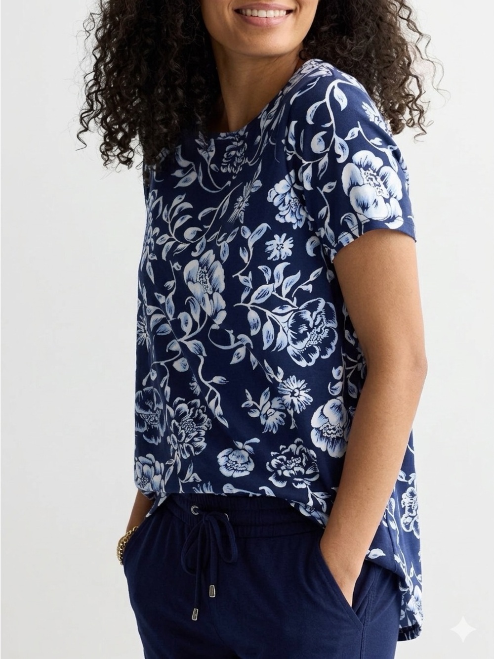 Croft & Barrow Navy Inky Floral Essential Crewneck Tee Womens Size Large